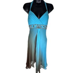 Sue Wong Silk Teal Ombre Beaded Halter Dress Size 4 Fairycore Formal MIDI Y2K